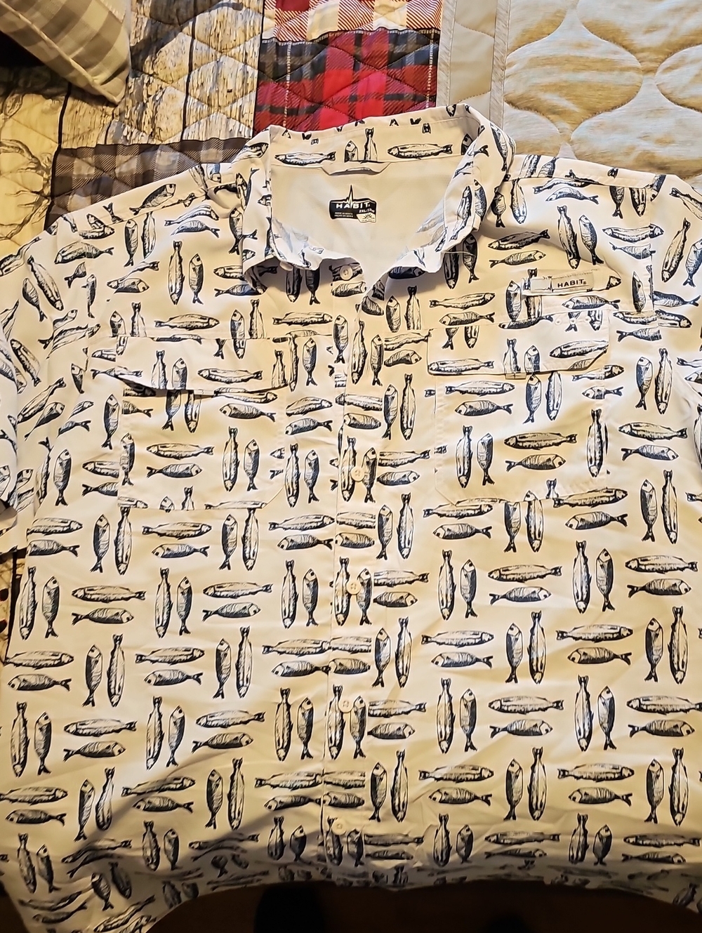 Habitat White Short-Sleeve Button-Down Shirt with Navy Fish Print